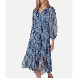 JOIE Women's Blue Parisian Paisley Tiered High Low Long Sleeves  Maxi Dress XL